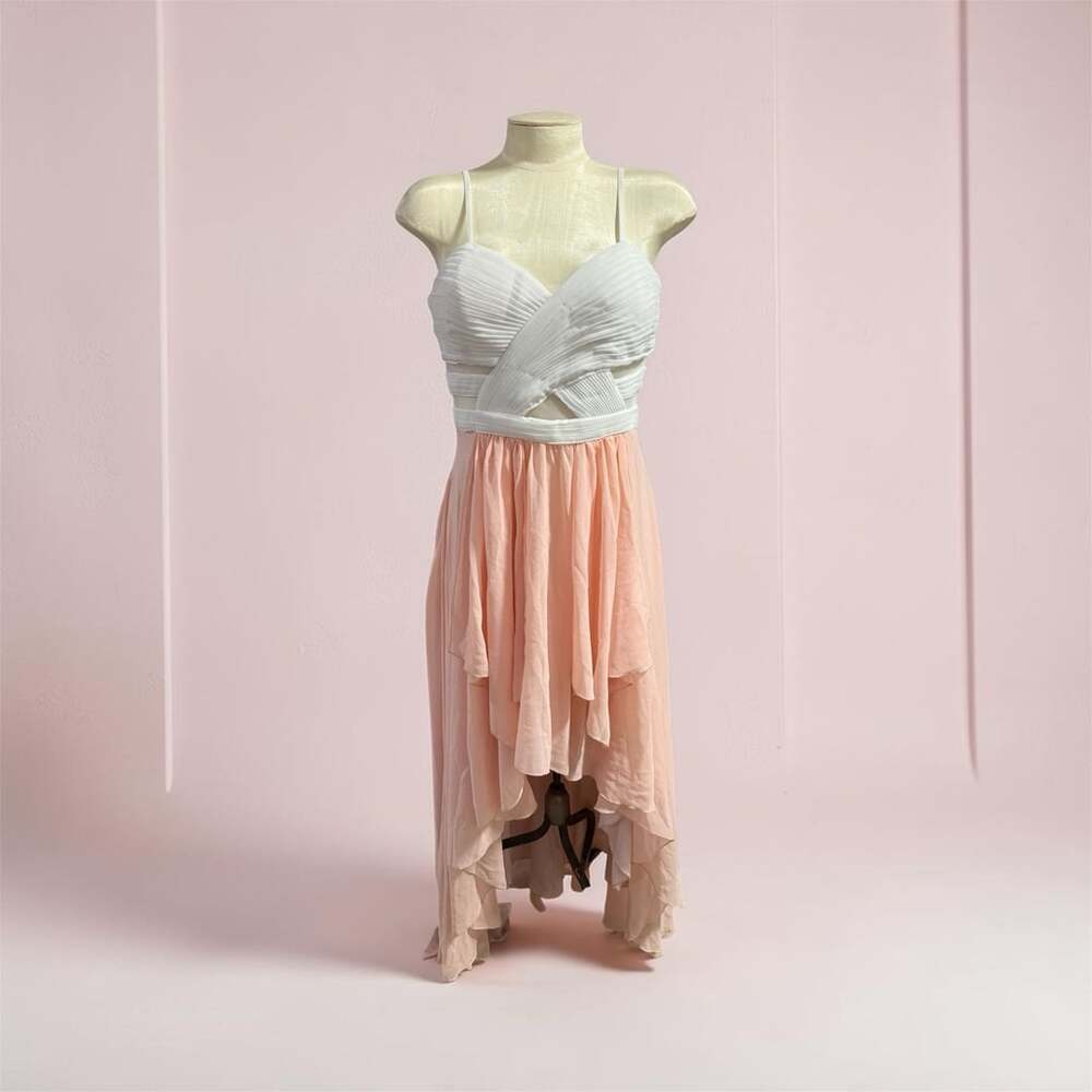 Venus White and Peach Chiffon High-Low Dress with Criss-Cross Bodice